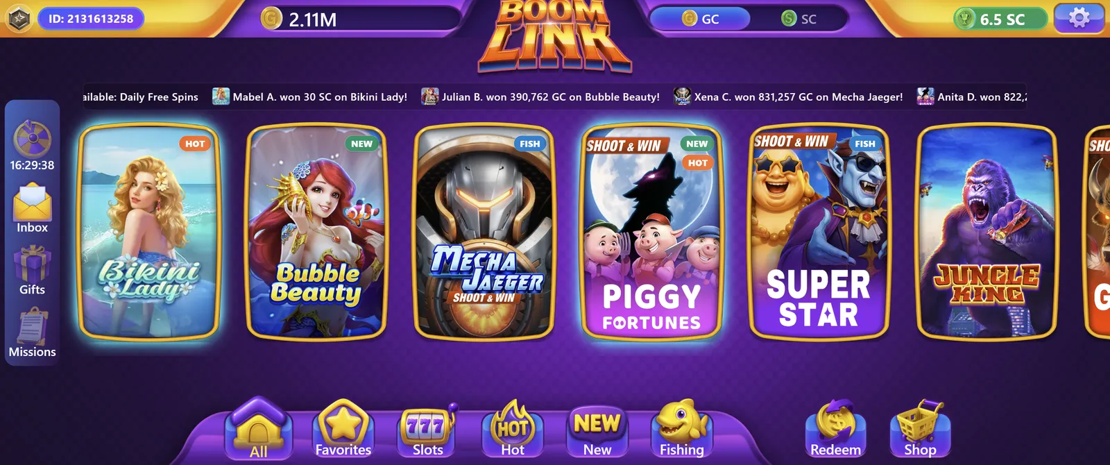 BoomLink production lobby — original slots, fishing and shoot-and-win titles