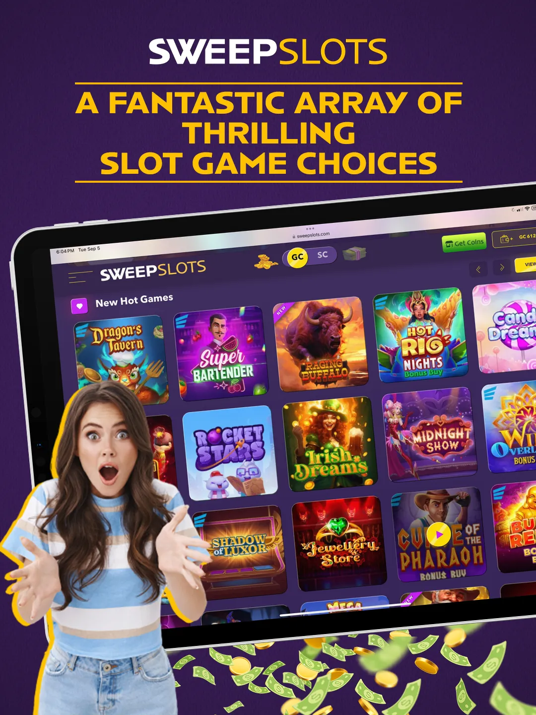 SweepSlots marketing creative showing branded promo design by Obsidian Lab