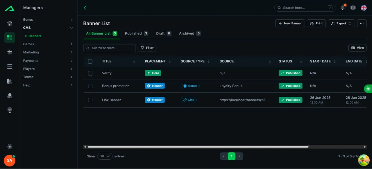 Obsidian Lab PAM back office — CMS banner management with publishing workflow